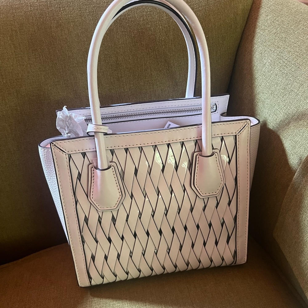Elegant white and silver tote with strap included for crossbody or shoulder